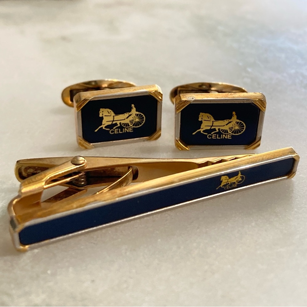 Vintage Celine Cuff Links + Tie Clip Set